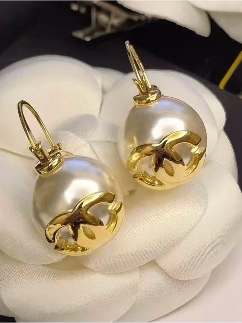 Authentic Chanel Gold tone Pearl Drop Earrings like new with box and bag